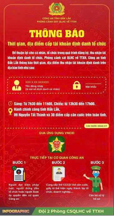 Công an tỉnh Đắk Lắk thông báo thời gian, địa điểm đăng ký tài khoản định danh điện tử cho cơ quan, tổ chức